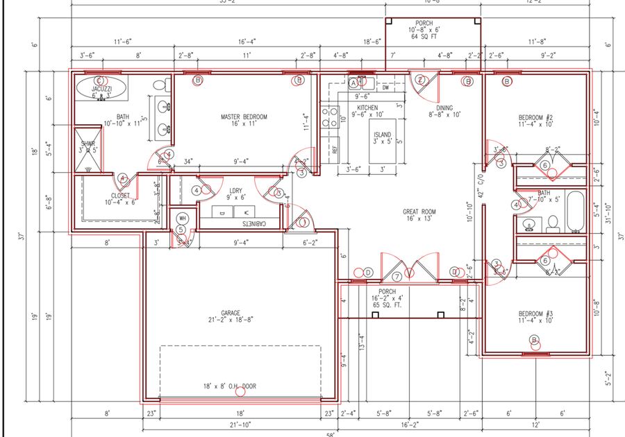 Geometría generada en rojo sobre el plano arquitectónico original