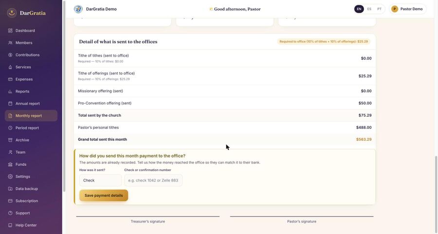 Reporte mensual de remisión en el software de contabilidad para iglesias